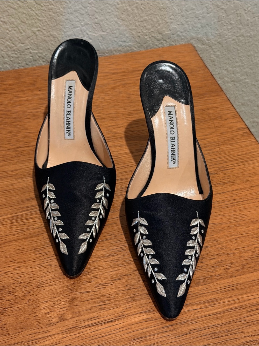 Manolo Blahnik Black Satin Pointed Mules with Silver Leaf Embroidery